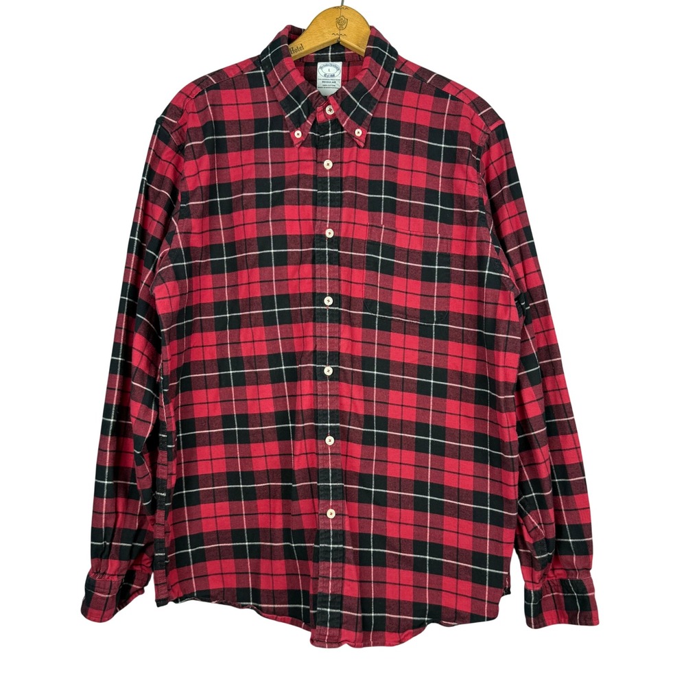 Brooks Brothers Mens Red Black Plaid Flannel Shirt Cotton Regular Fit Large L